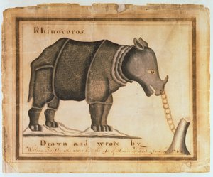 Neushoorn, getekend en geschreven door William Twiddy die nooit handen of voeten heeft gebruikt, 1 juni 1744 door William Twiddy
